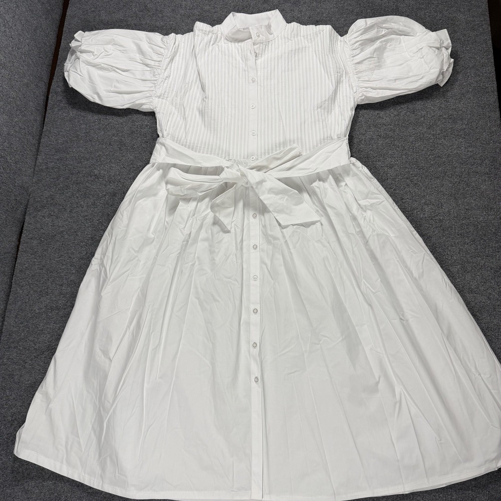 Marielle Almelo Dress White Tie Waist Pleated Pintuck Puff Sleeve Midi O/S